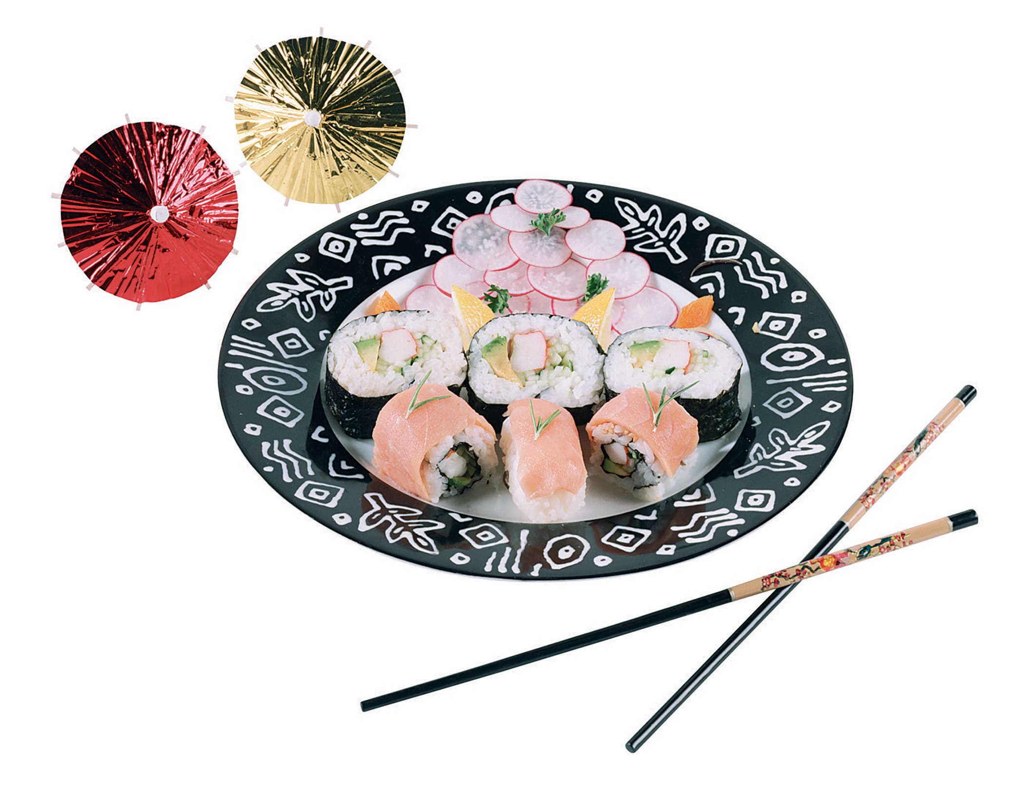 Raw Sushi on Black and White Plate with Chopsticks and Umbrellas Food Picture