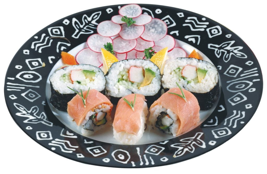 Raw Sushi with Garnish on Black and White Plate Food Picture