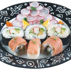 Raw Sushi with Garnish on Black and White Plate Food Picture