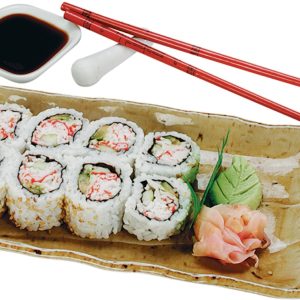 Raw Sushi in Dish with Chopsticks and Soy Sauce Food Picture