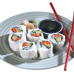 Raw Sushi with Soy Sauce and Chopsticks on Plate Food Picture