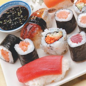 Raw Sushi on White Plate with Soy Sauce Food Picture