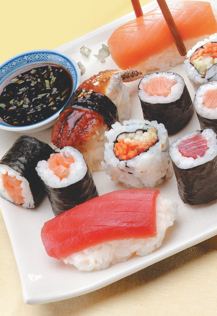 Raw Sushi on White Plate with Soy Sauce Food Picture