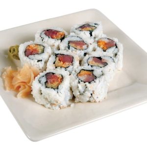 Raw Sushi Spicy Tuna Roll on White Plate Food Picture