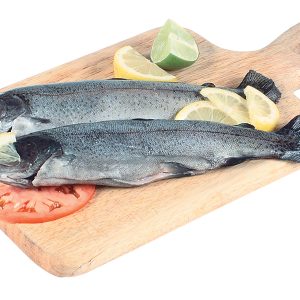 Raw Trout with Garnish on Wooden Surface Food Picture