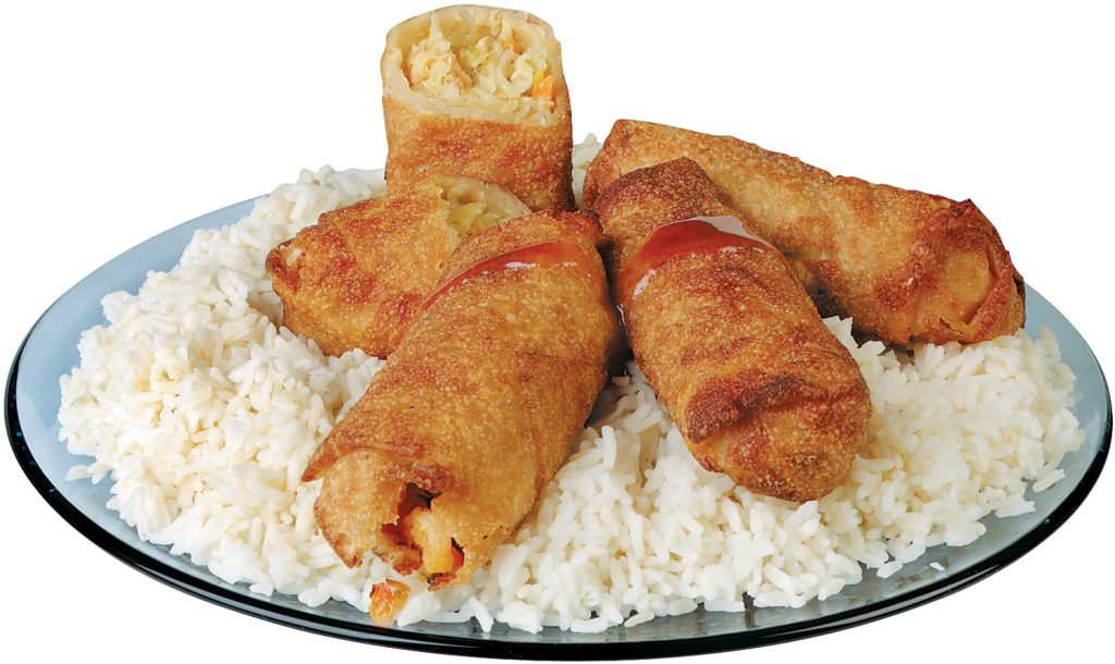 Eggrolls over Rice on Light Blue Plate Food Picture