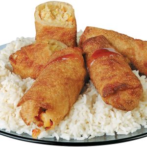 Eggrolls over Rice on Light Blue Plate Food Picture