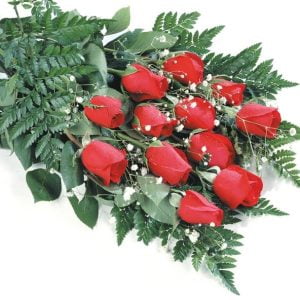 Dozen Red Roses with Leaves and Baby's Breath Food Picture