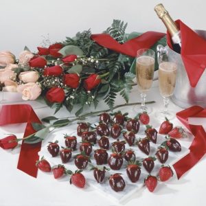 Chocolate Covered Strawberries with Roses and Champagne Food Picture