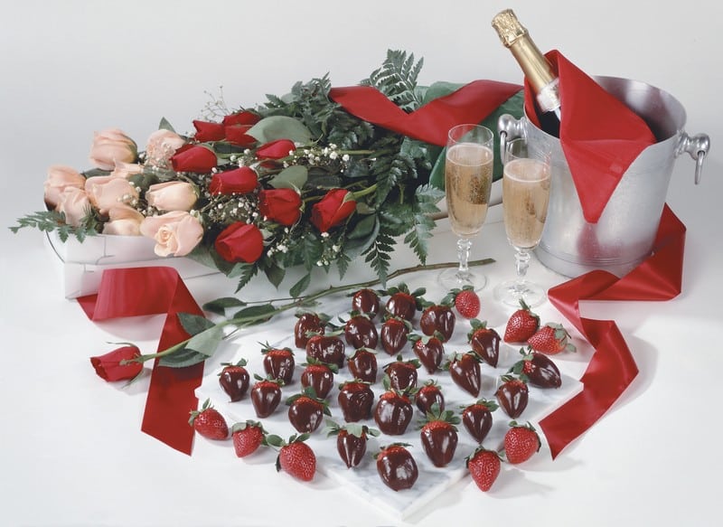 Chocolate Covered Strawberries with Roses and Champagne Food Picture