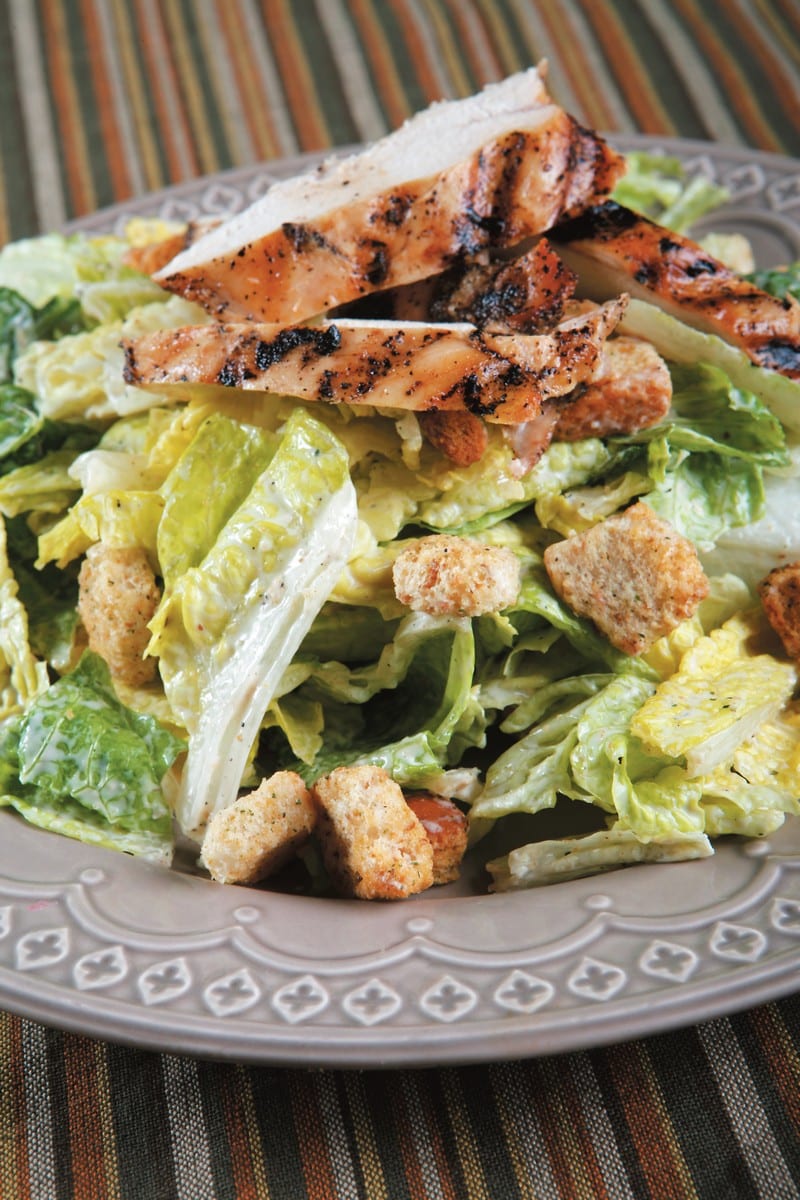 Chicken Caesar Salad in Gray Bowl Food Picture