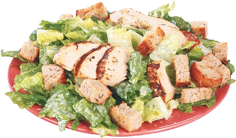 Chicken Caesar Salad on Red Plate Food Picture