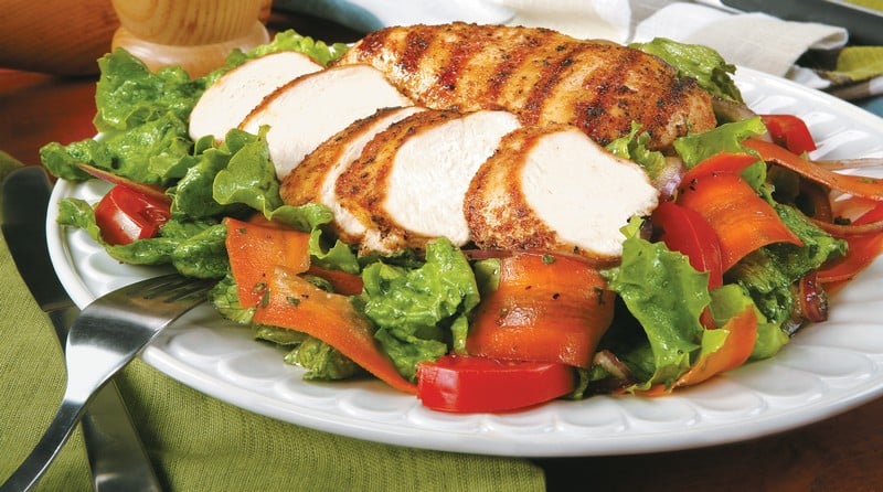 Grille Chicken over Salad on White Plate with Fork - Prepared Food ...