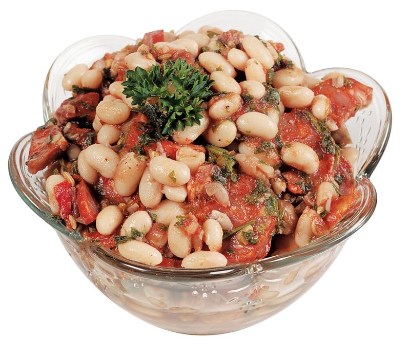 Chorizo Bean Salad with Garnish in Clear Bowl Food Picture
