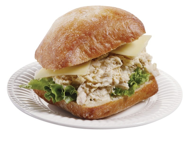 Chicken Salad Sandwich on Ciabatta Bread on White Ridged Plate Food Picture