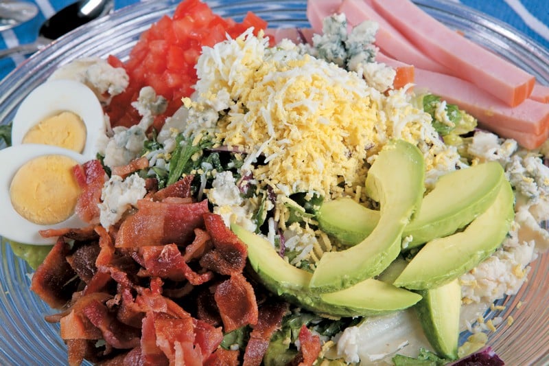 Cobb Salad in Clear Ridged Bowl, Close Up Food Picture