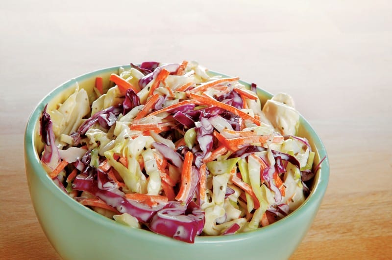 Coleslaw Salad in Light Teal Bowl Food Picture