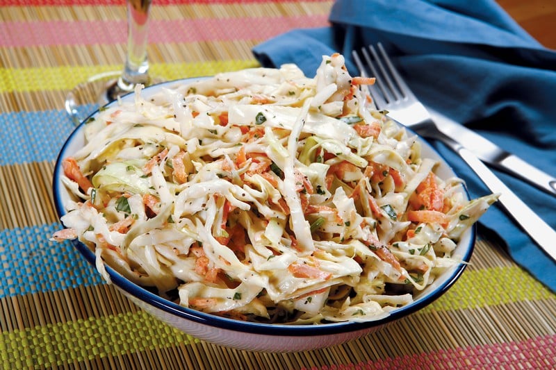 Coleslaw Salad in White and Blue Bowl Food Picture