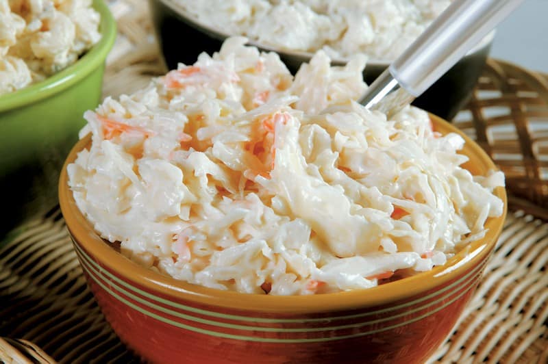 Coleslaw Salad in Brown Bowl with Green Stripes Food Picture