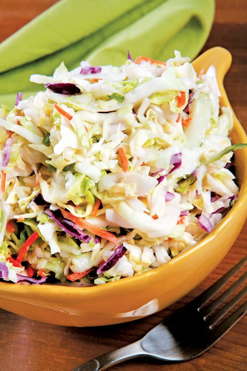 Coleslaw in Mustard Yellow Bowl with Green Napkin Food Picture