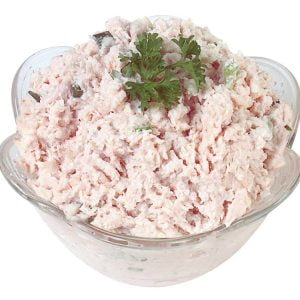 Smoked Turkey Salad with Garnish in Clear Bowl Food Picture