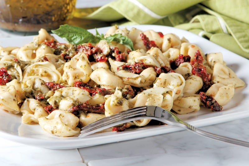 Tortellini Salad with Garnish on White Plate Food Picture