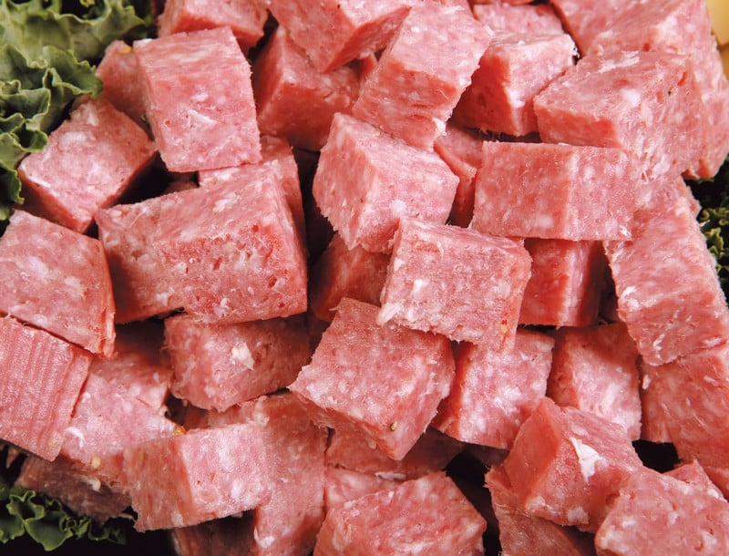 Cubed Salami over Greens Food Picture