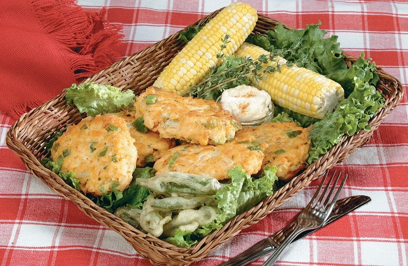 Salmon Croquettes with Corn on the Cob in a Basket Food Picture