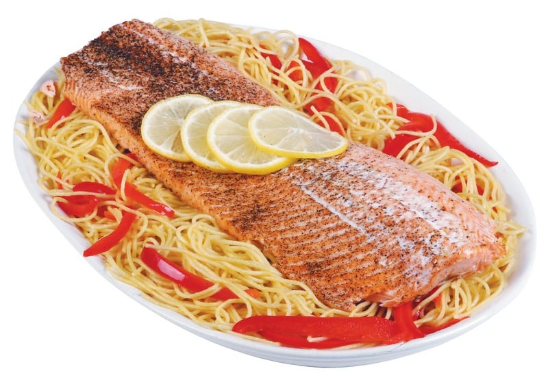 Salmon Fillet over Pasta with Lemon and Red Peppers Food Picture