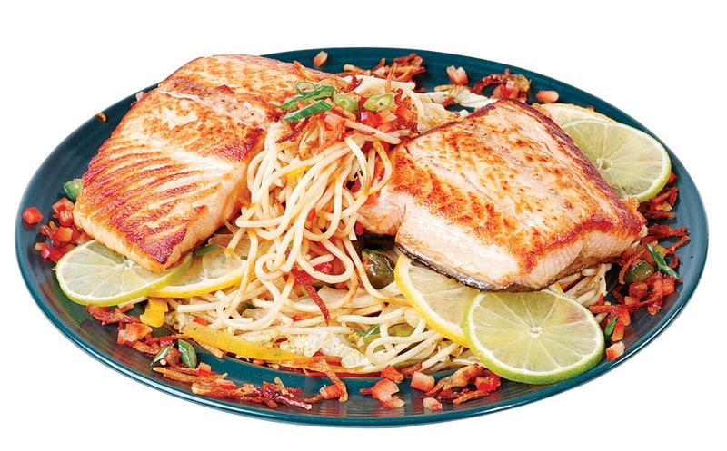 Salmon Fillet with Pasta and Garnish Food Picture