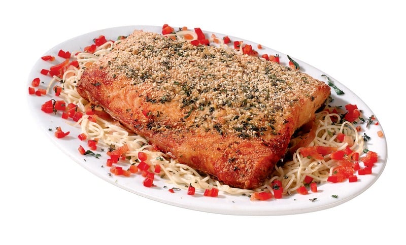 Salmon Fillet over Pasta with Garnish on White Plate Food Picture