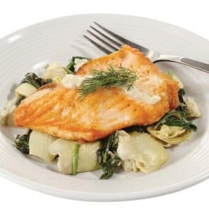 Salmon Fillet with Garnish in White Dish with Fork Food Picture
