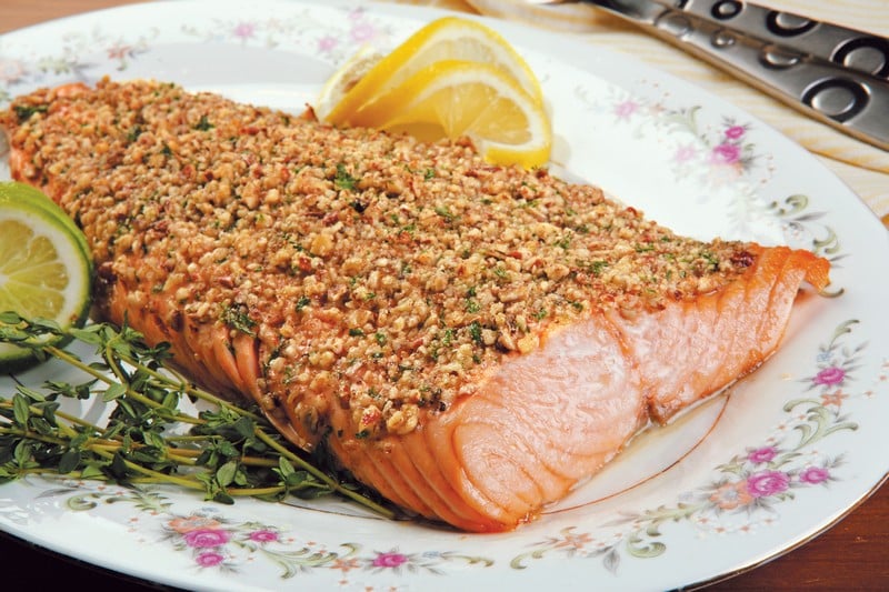 Crusted Salmon Fillet with Garnish on Decorative Plate Food Picture