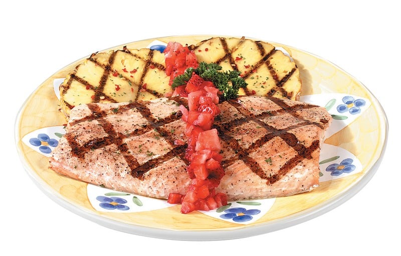 Grilled Salmon Fillet with Garnish on Decorative Plate Food Picture