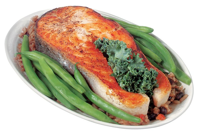 Steak Salmon over Rice with Green Beans in White Dish Food Picture