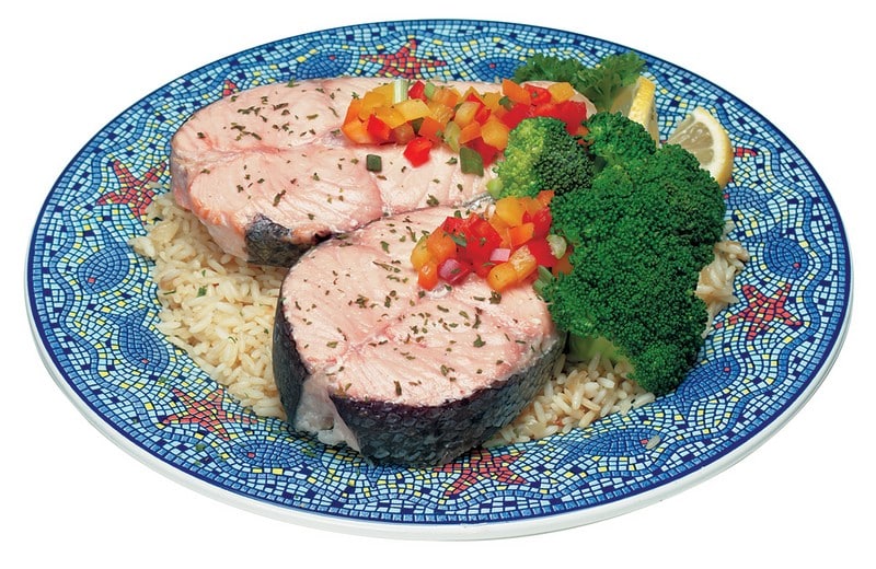 Salmon Steak with Veggies over Rice Food Picture