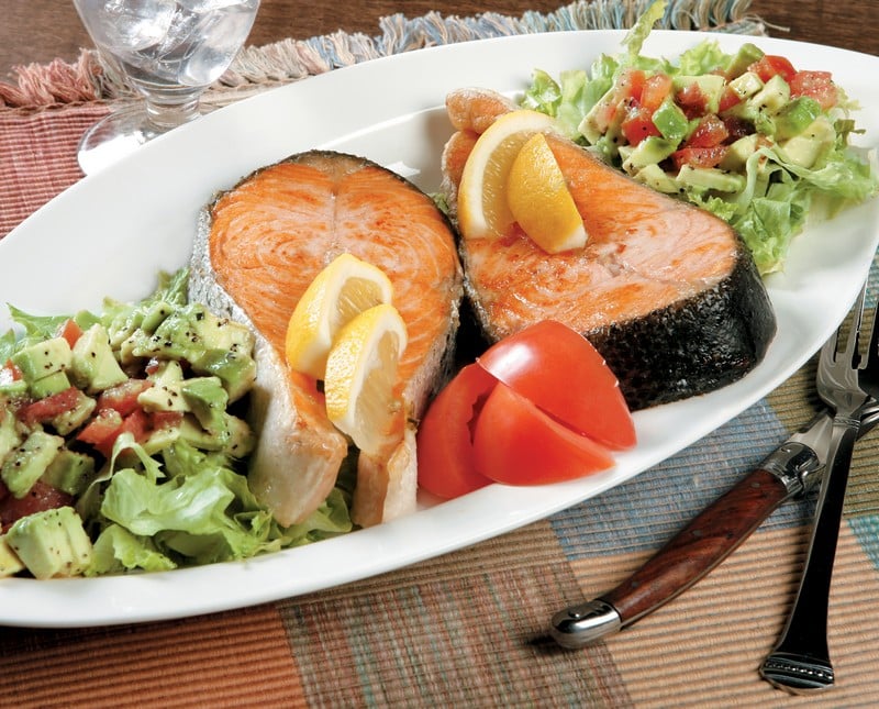 Salmon Steak with Salad and Greens in White Dish Food Picture