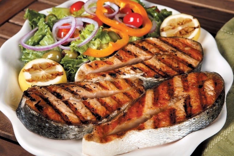 Grilled Salmon Steak with Side Salad in White Dish Food Picture