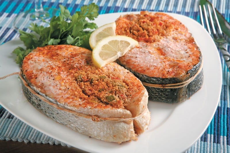 Stuffed Salmon with Garnish on White Plate Food Picture