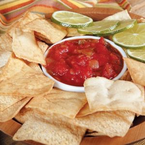 Pita Chips with Salsa in Wooden Bowl Food Picture