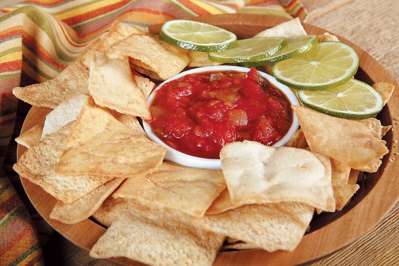 Pita Chips with Salsa in Wooden Bowl Food Picture