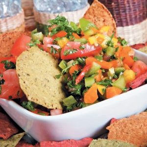 Tortilla Chips in Salsa in White Bowl Food Picture