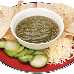 Salsa Verdi on a Plate with Chips and Cheese Food Picture
