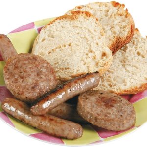 Sausage Patties and Link with Bread on a Plate Food Picture