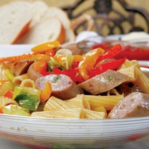 Sausage and Peppers with Ziti in White Striped Bowl Food Picture