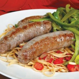 Sausage and Peppers over Pasta in White Dish Food Picture