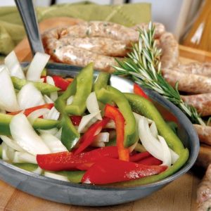 Sausage Links and Peppers and Onions in Skillet Food Picture