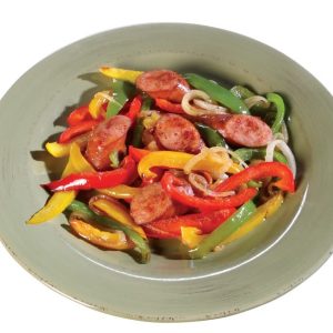Sausage Peppers and Onion on Green Plate Food Picture