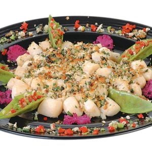 Breaded Scallops with Garnish in Black Dish Food Picture