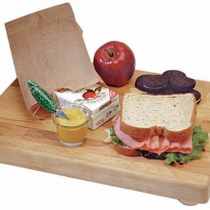 School Lunch with Brown Bag on Wooden Surface Food Picture